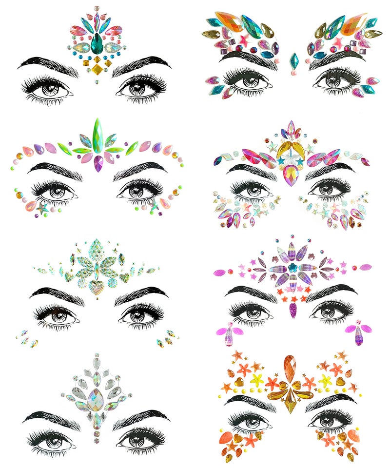 SHINEYES 8 Pc Music Rave Face Jewels: Rhinestone Crystal Gems for Eyes, Body & More - Image 1